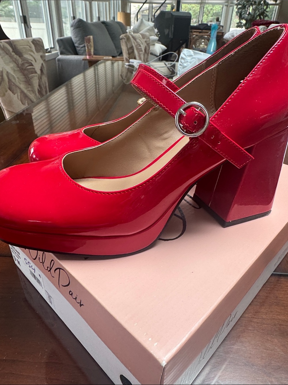 Wild Pair Red Patent Mary Jane Platform Heels with Ankle Strap
